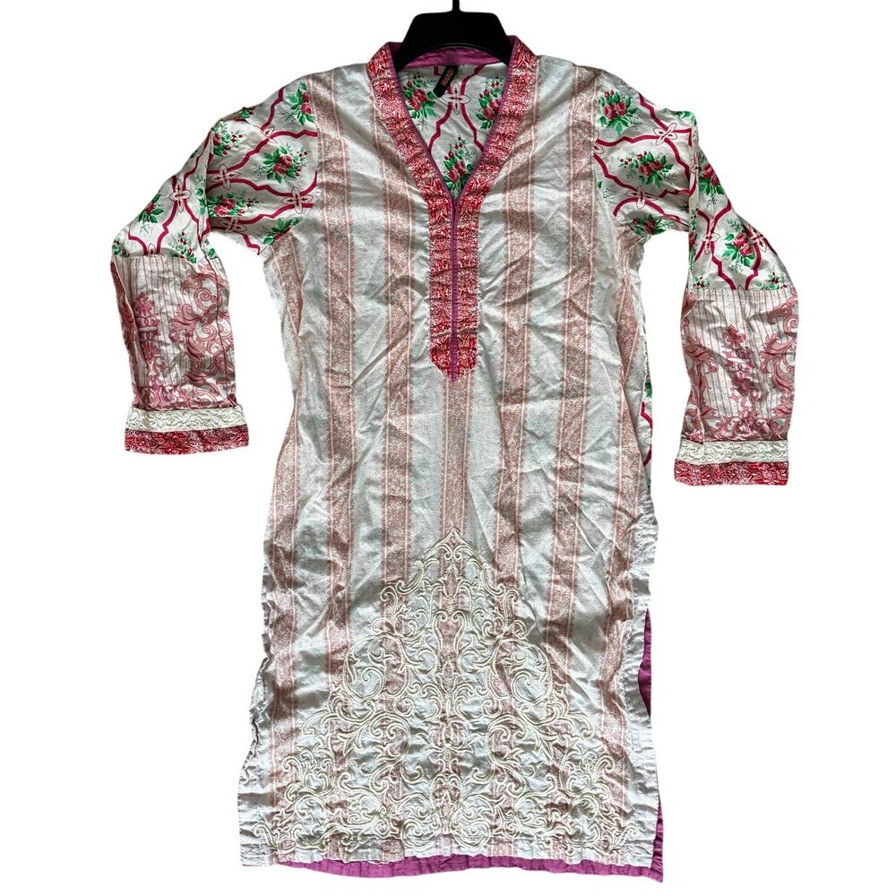 Warda Pret Pakistani Kurta Tunic L Floral Embroidered Long Top Pink Red